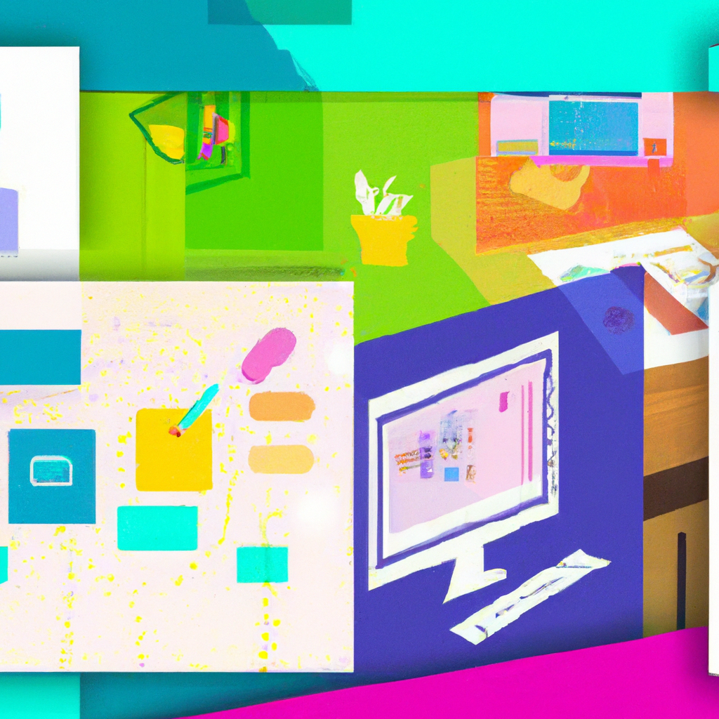 Studio whiteboard with level sketches and neon wireframes